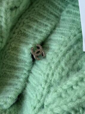 CHANEL Mint Green Mohair Cardigan with CC Logo Button